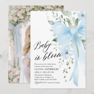 Blue Bow Baby in Bloom Floral Boy Baby Shower Invitation