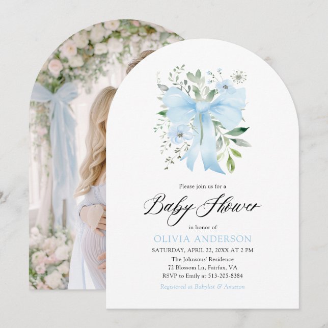 Blue Bow Baby in Bloom Floral Boy Baby Shower Invitation (Front/Back)