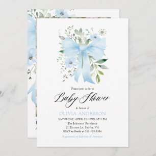 Blue Bow Baby in Bloom Floral Boy Baby Shower Invitation