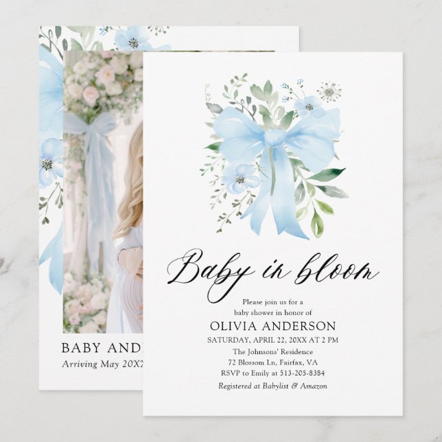 Blue Bow Baby in Bloom Floral Boy Baby Shower Invitation (Front/Back)