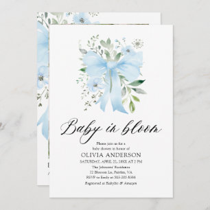 Blue Bow Baby in Bloom Floral Boy Baby Shower Invitation