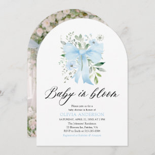 Blue Bow Baby in Bloom Floral Boy Baby Shower Invitation