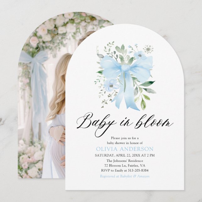 Blue Bow Baby in Bloom Floral Boy Baby Shower Invitation (Front/Back)