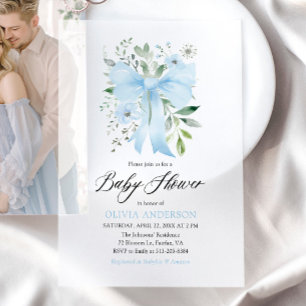 Blue Bow Baby in Bloom Floral Boy Baby Shower Vellum Invitations