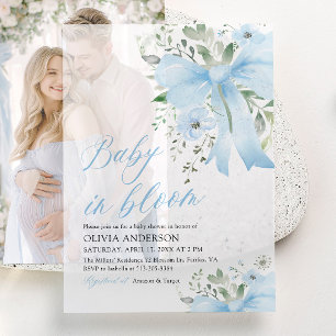 Blue Bow Baby in Bloom Floral Boy Baby Shower Vellum Invitations