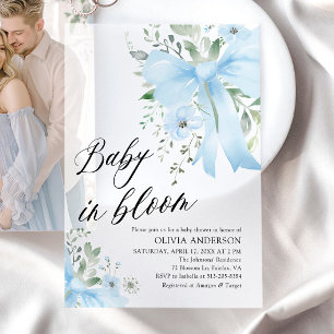 Blue Bow Baby in Bloom Floral Boy Baby Shower Vellum Invitations