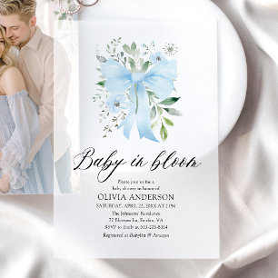Blue Bow Baby in Bloom Floral Boy Baby Shower Vellum Invitations