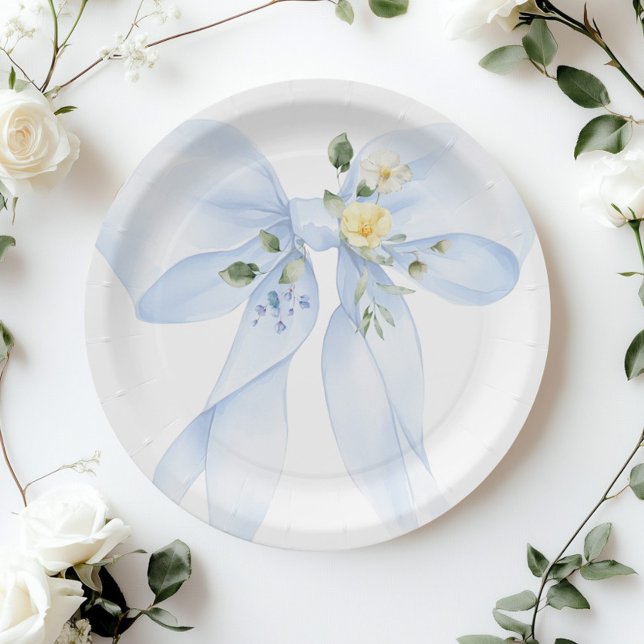 Blue Bow Baby in Bloom Wildflower Baby shower Paper Plates (Creator Uploaded)