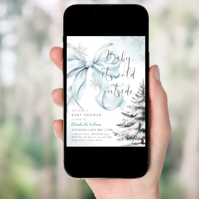 Blue Bow Baby It's Cold Outside Baby Shower  Invitation (Front Digital)