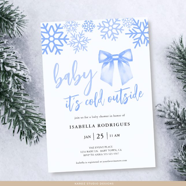 Blue Bow Baby Its Cold Outside Baby Shower Invitation (Front of invite shown in 5 x 7 inches with square corners. Personalize, choose corner + paper style.)