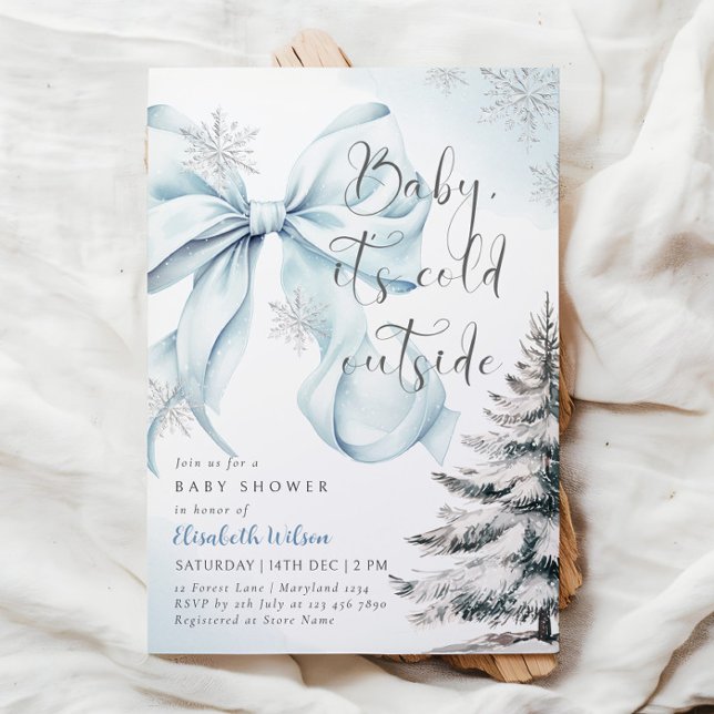 Blue Bow Baby It's Cold Outside Baby Shower  Invitation (Creator Uploaded)