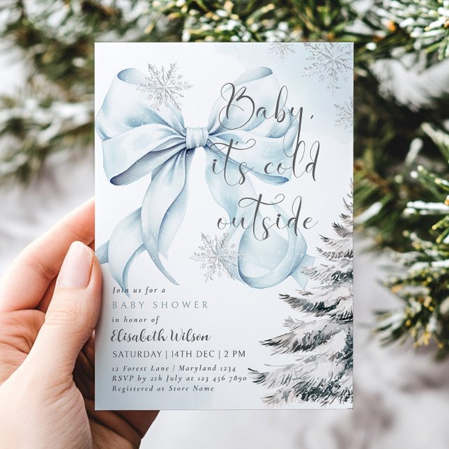 Blue Bow Baby It's Cold Outside Baby Shower  Invitation (Creator Uploaded)