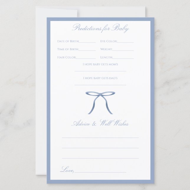 Blue Bow Baby Shower Advice & Predictions Game (Front)