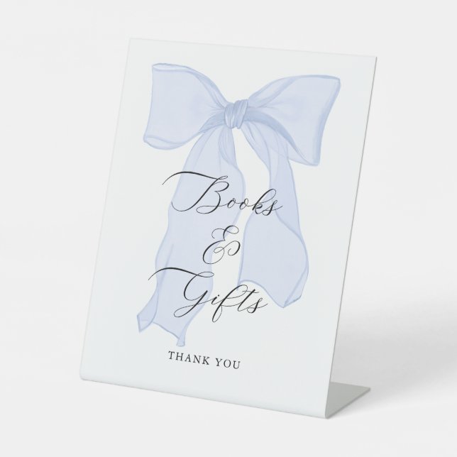 Blue Bow Baby Shower Books and Gifts Pedestal Sign (Front)