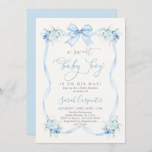 Blue Bow Baby Shower Boy Invitation