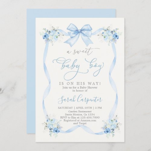 Blue Bow Baby Shower Boy Invitation