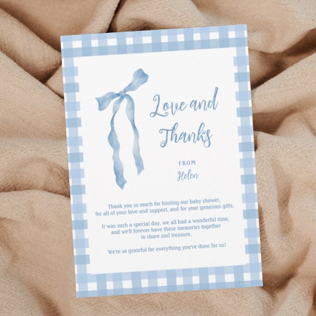 Blue bow baby shower boys plaid thank you card  (Creator Uploaded)