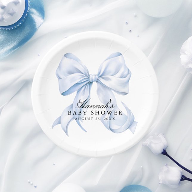 Blue Bow Baby Shower Coquette Bow Paper Plates (Creator Uploaded)