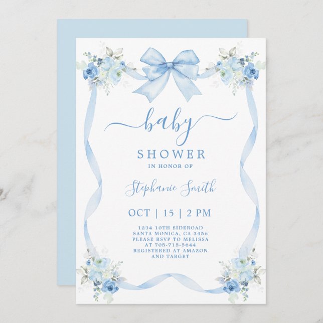 Blue Bow Baby Shower Invitation (Front/Back)