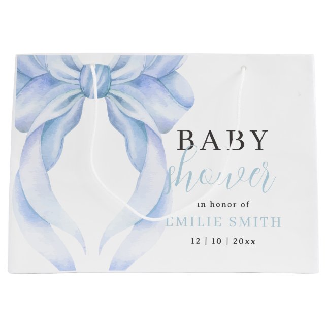 Blue Bow Baby Shower Invitation, Blue Coquette Large Gift Bag (Front)