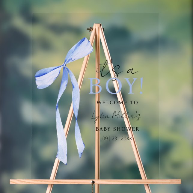 Blue Bow Baby Shower Invitation, Boy Baby Shower Acrylic Sign (Neutral)