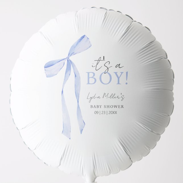 Blue Bow Baby Shower Invitation, Boy Baby Shower Balloon (Front)