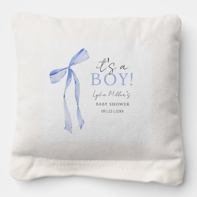 Blue Bow Baby Shower Invitation, Boy Baby Shower Cornhole Bags (Front)