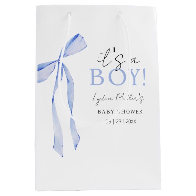 Blue Bow Baby Shower Invitation, Boy Baby Shower Medium Gift Bag (Front)