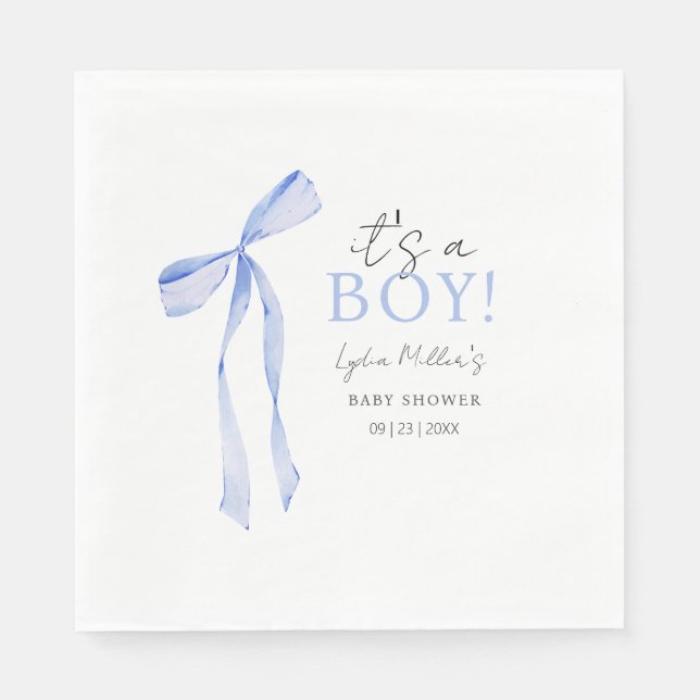 Blue Bow Baby Shower Invitation, Boy Baby Shower Napkins (Front)