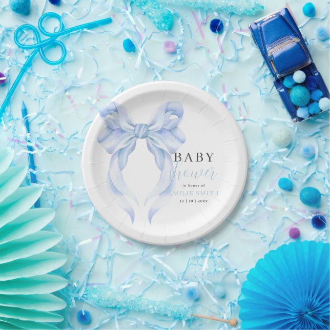 Blue Bow Baby Shower Invitation, Boy Baby Shower Paper Plates (Party)
