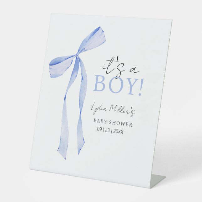 Blue Bow Baby Shower Invitation, Boy Baby Shower Pedestal Sign (Front)