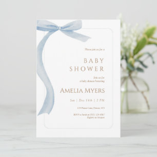 Blue Bow Baby Shower Invitation Minimal Watercolor