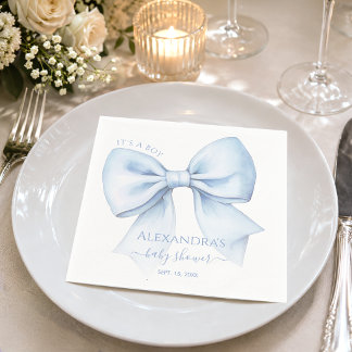 Blue Bow Baby Shower It's a Boy Watercolor Napkins