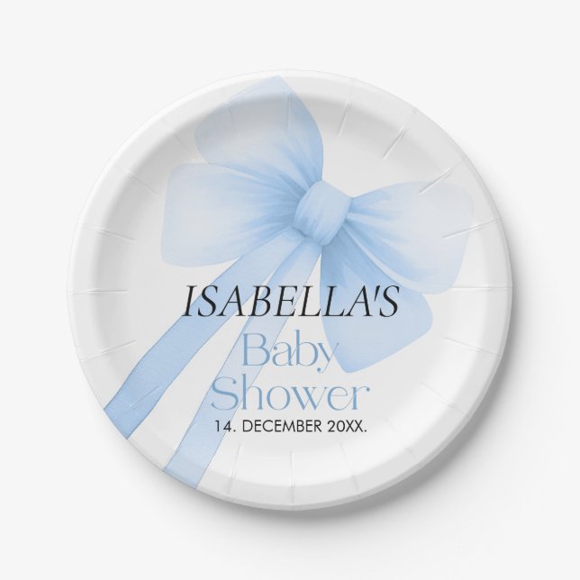 Blue Bow Baby Shower Paper Plates (Front)