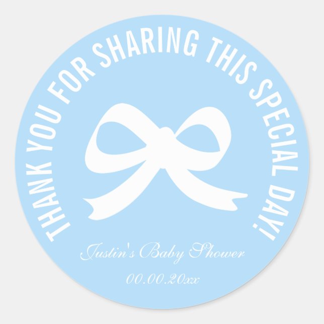 Blue bow baby shower party favor thank you sticker (Front)