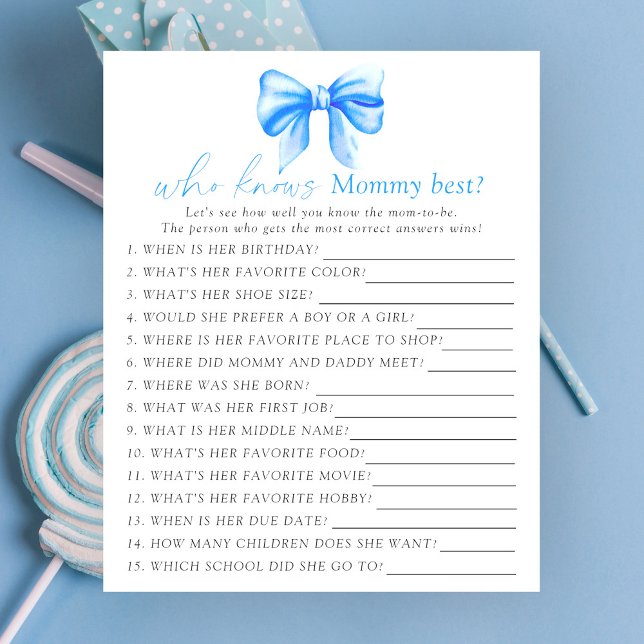 Blue bow baby shower Who knows mommy best game (Creator Uploaded)