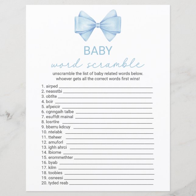 Blue Bow Baby Shower Word Scramble (Front)