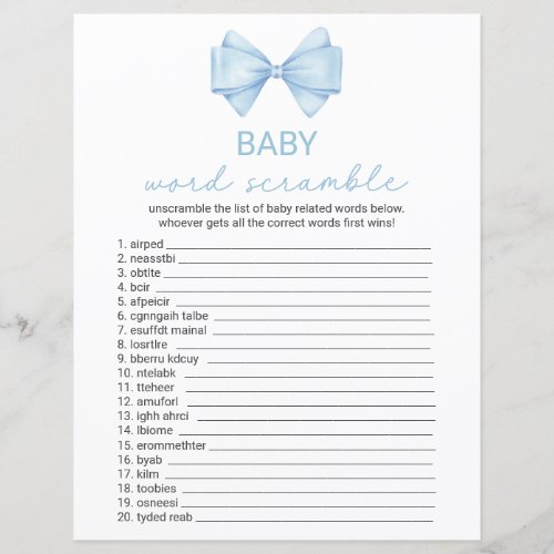 Blue Bow Baby Shower Word Scramble
