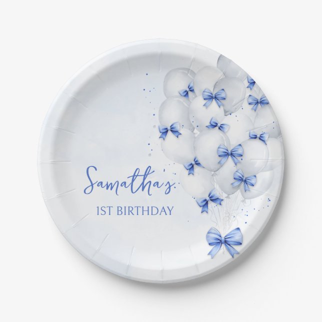 Blue Bow Balloons Birthday Paper Plates (Front)