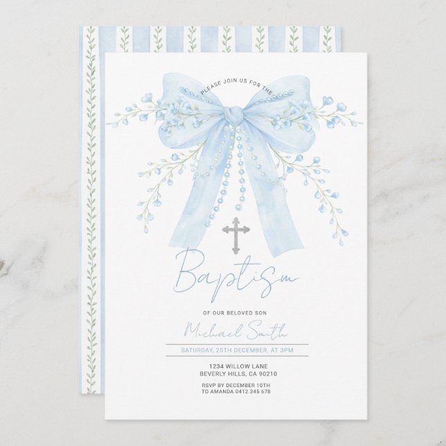 Blue Bow Baptism Boy Christening with Cross Invitation (Front/Back)