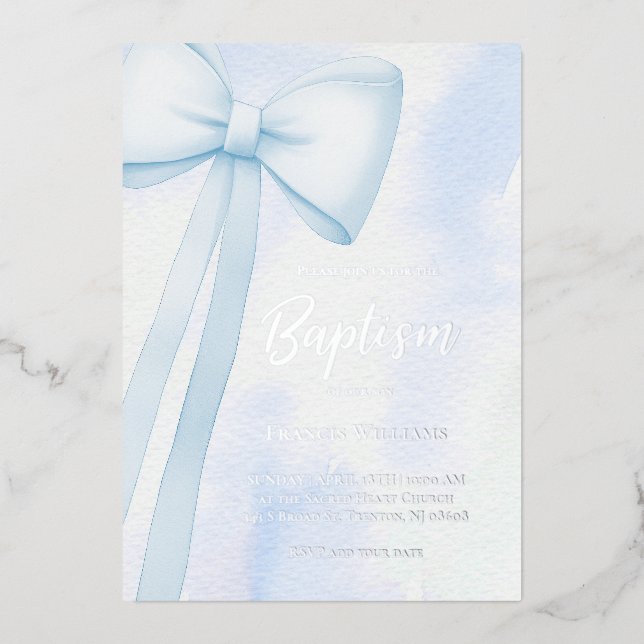 blue bow | Baptism Foil Invitation (Front)