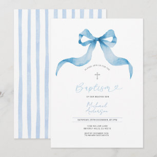 Blue Bow Baptism Invitation Baby Boy Baptism