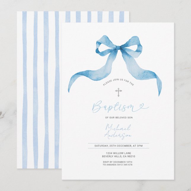 Blue Bow Baptism Invitation Baby Boy Baptism  (Front/Back)