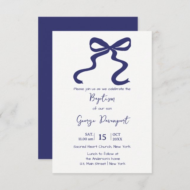 Blue Bow Baptism Religious event  Invitation (Front/Back)