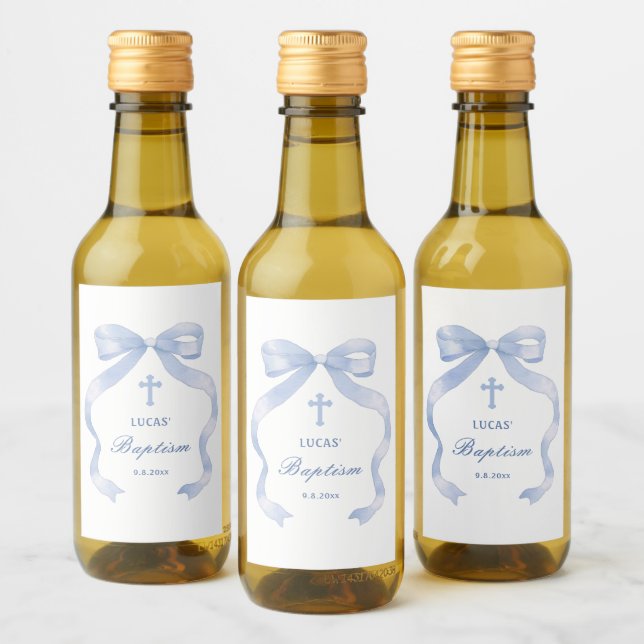 Blue Bow Baptism Wine Label (Bottles)