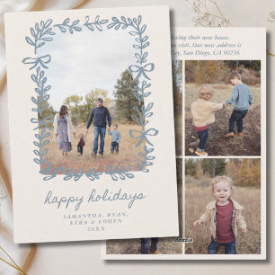 Blue Bow Botanical Happy Holidays 5 Photo & Text Holiday Card