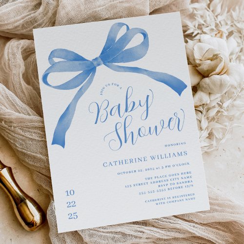 Blue Bow Boy Baby Shower Invitation