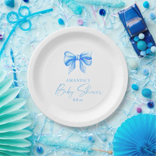 Blue bow Boy Baby shower Paper Plates (Party)