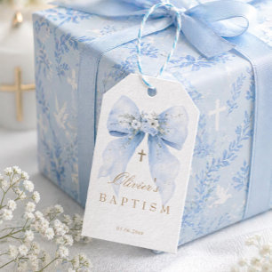 Blue Bow Boy Baptism Gift Tag