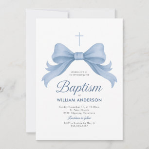 Blue Bow Boy Baptism Invitation with Cross Wreath